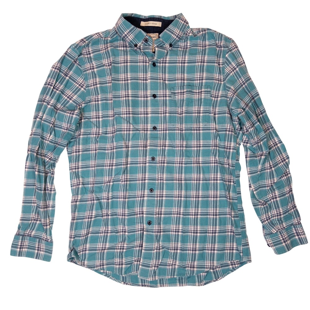 LL Bean Button Down Shirt Mens Medium Teal Plaid Slightly Fitted 294213